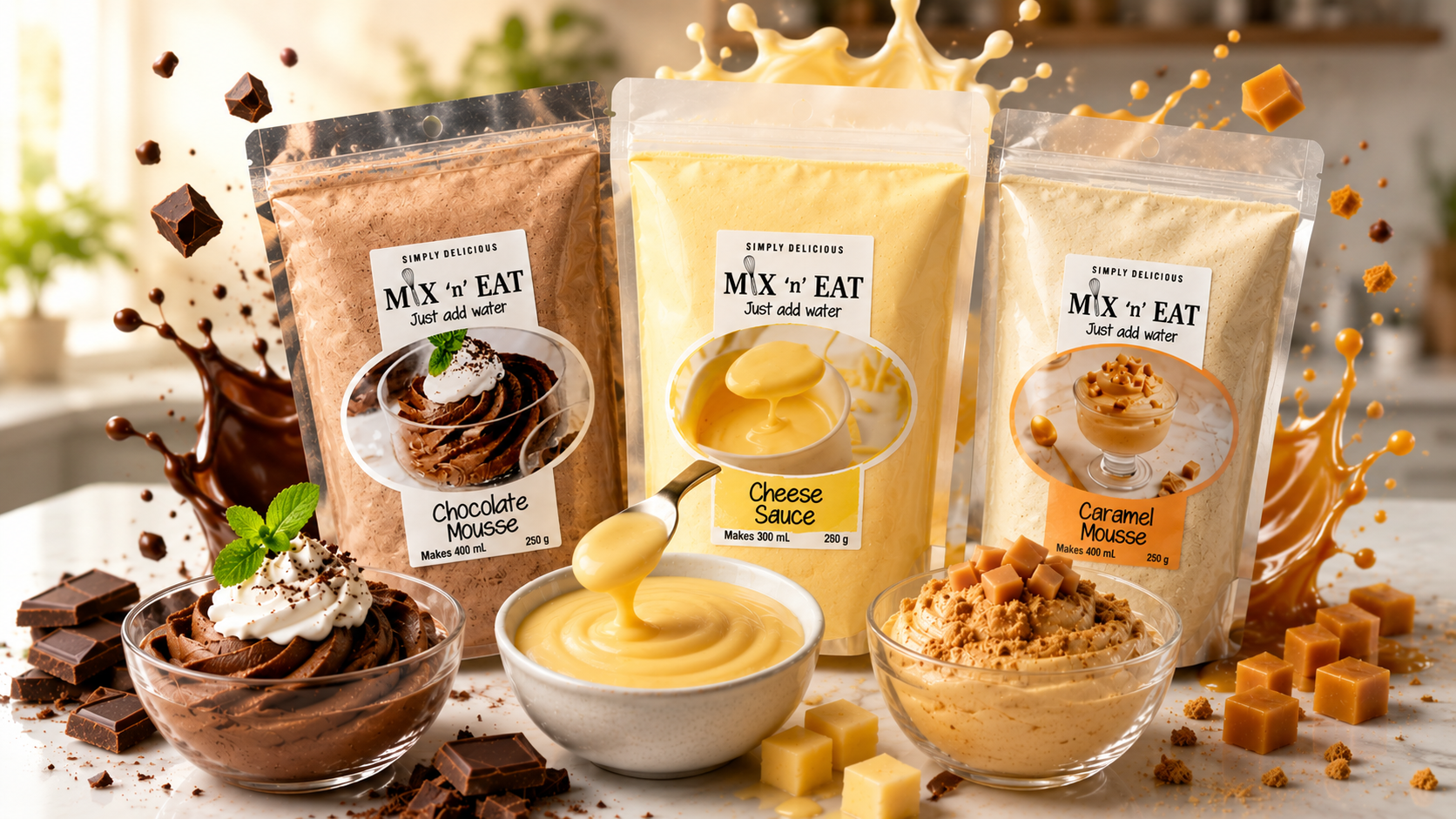 Mix ’n’ Eat chocolate, cheese sauce and caramel products