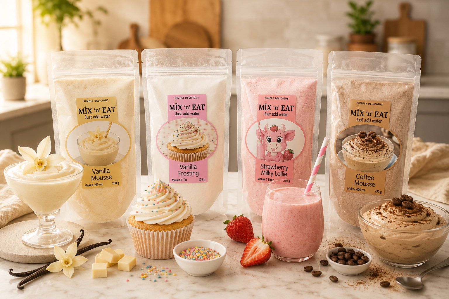 Mix ’n’ Eat vanilla, frosting, strawberry and coffee products